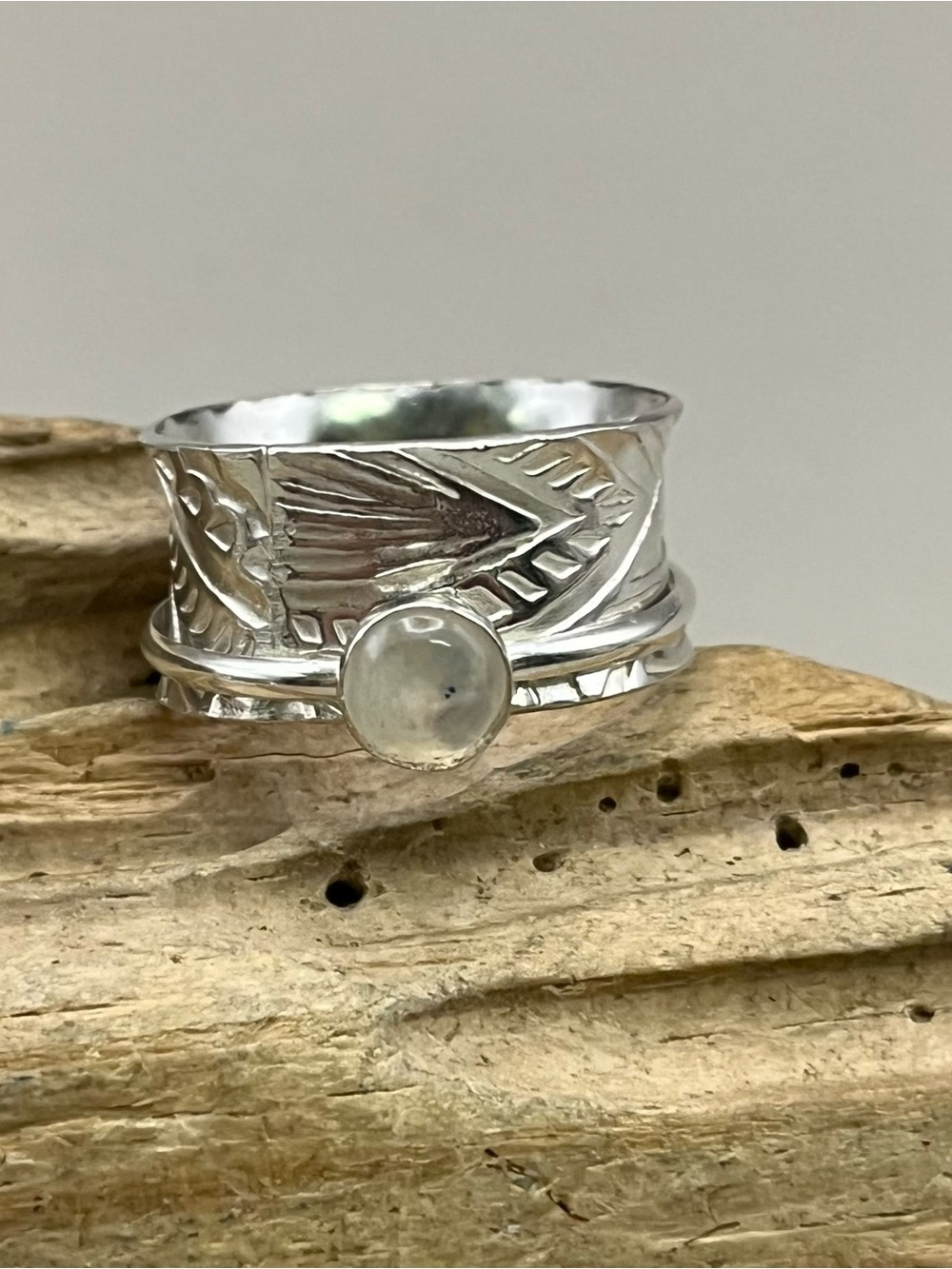 Handmade 925 Sterling Silver Spinner Ring Rainbow Moonstone Wide Band Boho